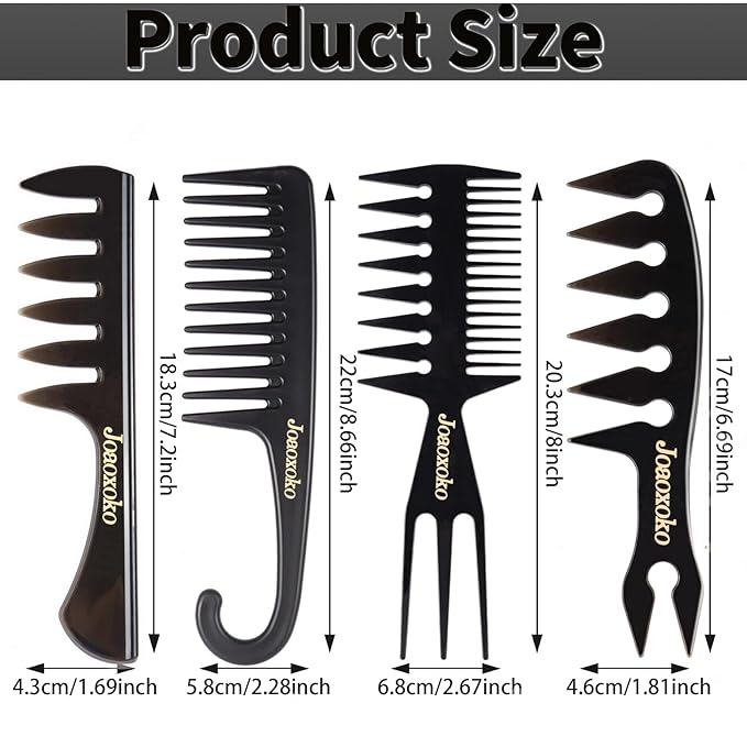 Wide Tooth Comb Set for Men - 4 Pcs Professional Barber Combs with Anti-Static Design, Reduce Hair Pulling for Curly Thick Hair, Textured ABS Black Combs for Travel Salon Home Grooming