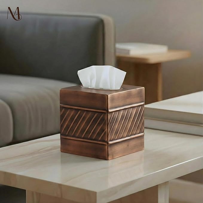 Monarch Abode Tissue Box Cover Square – Handcrafted Wave Embossed Antique Copper Metal Tissue Holder Box for Bathroom Accessory, Aesthetic Decorative Facial Napkin Cube for Modern Home Decor
