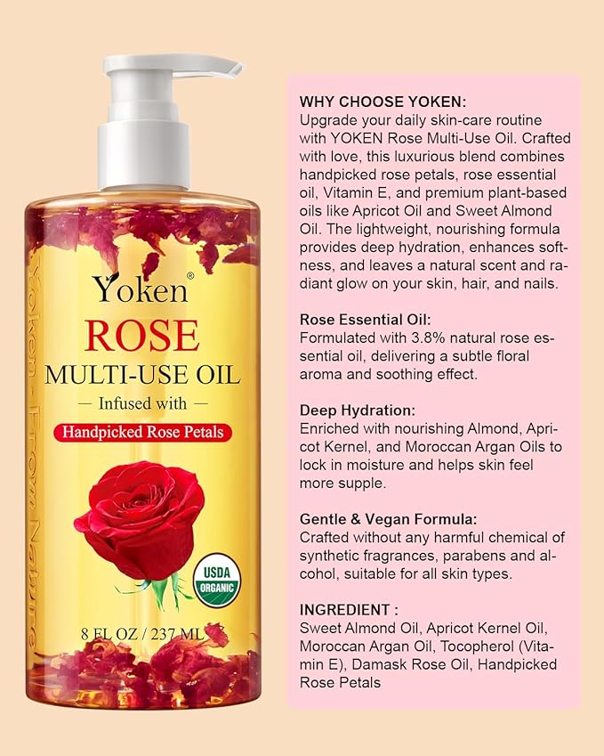 Multi-Used Body Oil For Skin USDA Certified,Face,Hair and Nails,Multi Purpose Organic oil With Rose Petals,Vitamin E & Almond Oil Nourishing & Hydrating ,Body Oil for Moisture & Skin After Bath Oil