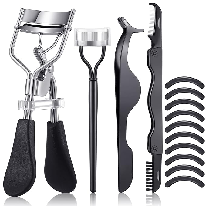 14 Pieces Eyelash Curler Kit Eyelash Comb Eyebrow Brush Tweezers False Eyelashes Applicator Tool Eyebrow Trimmer Silicone Refills Pads for Women(Black)