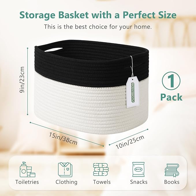 Cotton Rope Storage Basket, 15x10x9 Inches, Woven Basket for Shelves, Clothes, Towels, Books, and Laundry, Black/White (1 Pack)