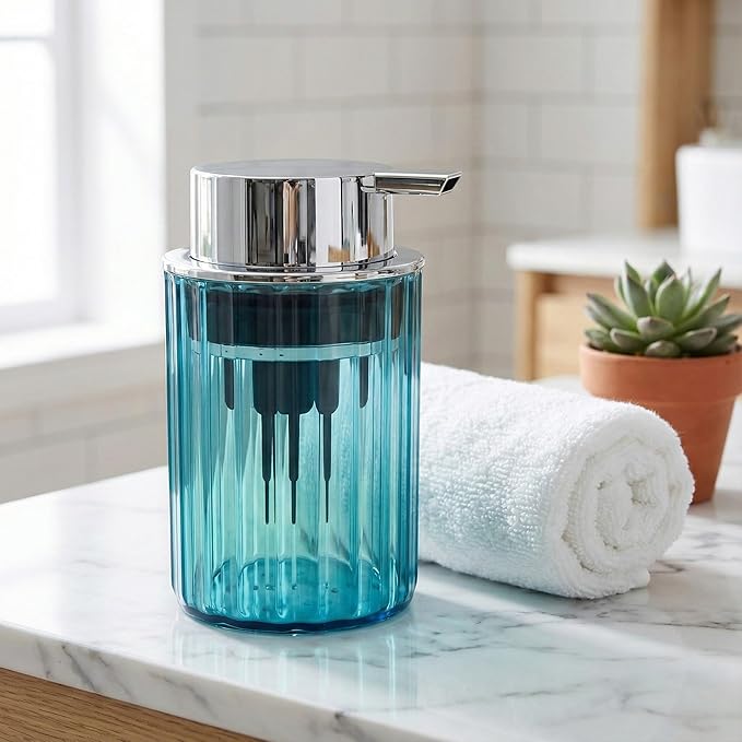 Foaming Hand Soap Dispenser 350ml (11oz) Refillable Vintage-Inspired Modern Plastic Silver Pump for Liquid Soap Shampoo Body Wash Bottle for Bathroom Kitchen (2 Pcs)(Brown+Blue)