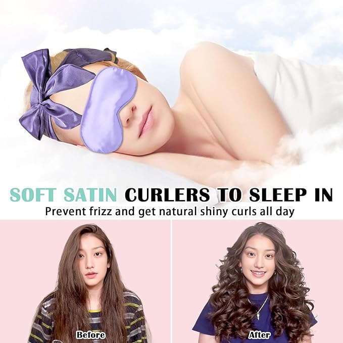 Satin Heatless Curls Overnight Hair Curlers to Sleep In Hair Curler Rollers No Heat Hair Wrap for Curls Headband, 70" Satin Heatless Curling Set for Women Long Waves Hair Volume -Purple 10 PCS
