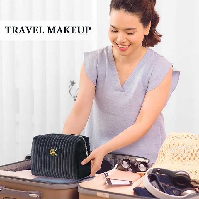 COSHAYSOO Travel Makeup Bag Quilted Make Up Pouch Initial Cosmetic Case with Butterfly Decorations for Women Birthday Easter Mothers Christmas Valentines Graduation Appreciation Gifts Black Letter N