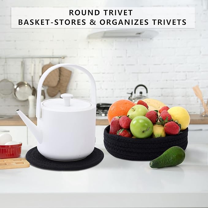 Coga Trivets for Dishes, Pots and Pans, 7 Inch Hot Pads 5 Pcs with Storage Basket for Countertops, Pot Holders for Kitchen, Cotton Table Protector Hot Mats Heat Resistant (Black)