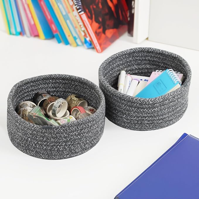 Small Basket, Set of 3 Small Woven Basket, Rope Baskets for Gifts, Cute Mini Tiny Baskets for Organizing Decor Nursery, Decorative Boho Round Storage Basket Bathroom Organization Bin (Grey)