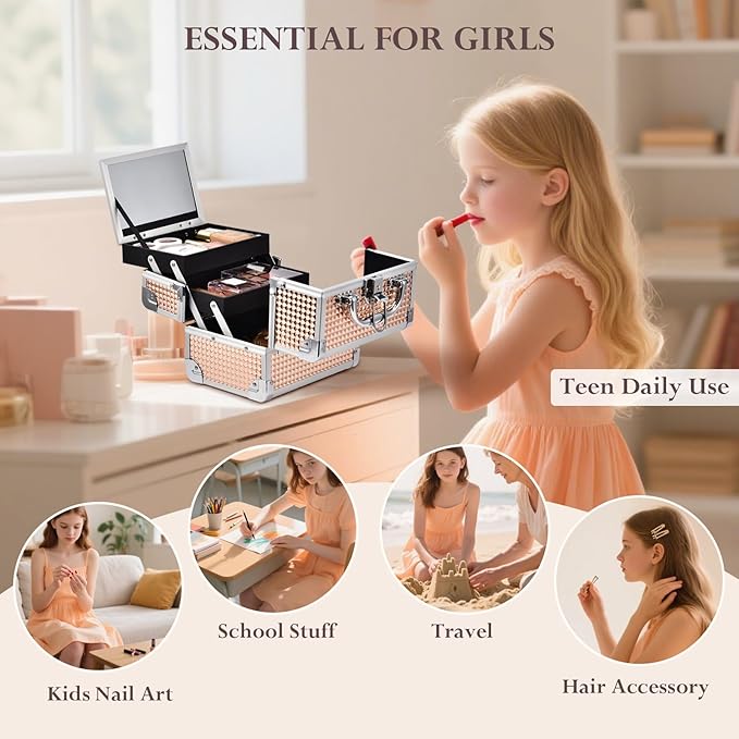 FRENESSA Makeup Case Train Case Portable Makeup Box with Mirror Lock Box Travel Cosmetic Train Cases Hard Makeup Organizer for Nail Craft Storage Vanity for Girl Rose Gold