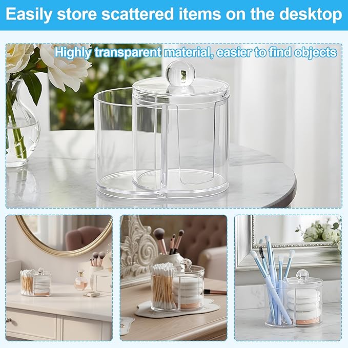 Cotton Swab Holder Dispenser Dual-Compartment Cotton Organizer Clear Vanity Canister with Removable Dustproof Lid Bathroom Accessories Storage Organizer for Cottons Swabs Balls Pads Floss