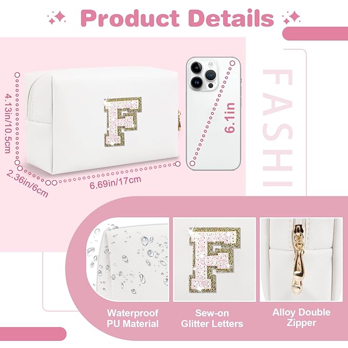 Small Initial Patch Makeup Bag Personalized Gifts Make Up Bag,White Cute PU Leather Glitter Letter Cosmetic Bag with Zipper,Trendy Portable Travel Toiletry Pouch,Preppy Stuff for Teen Girls Women F