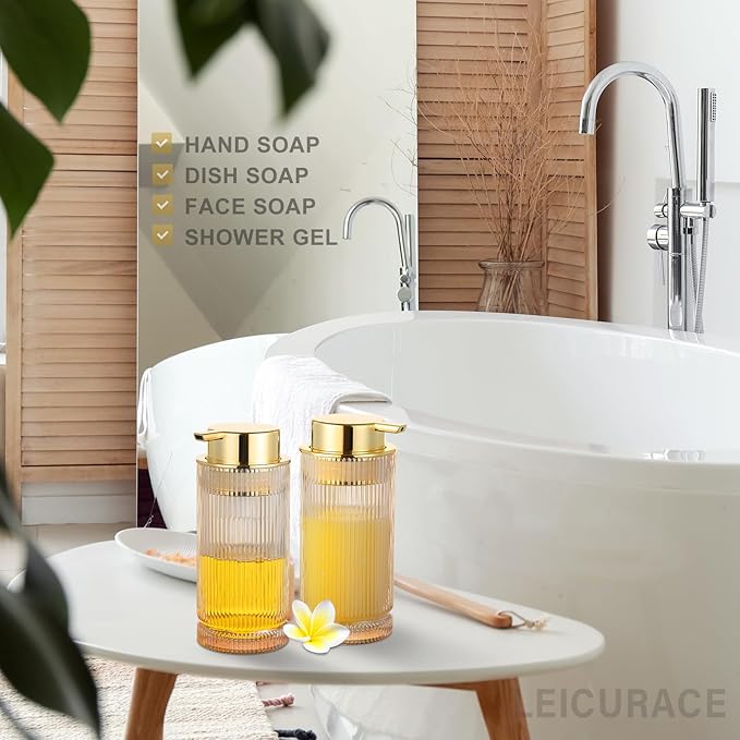 Glass Liquid Soap Dispenser, Refillable Liquid Dispenser with Gold Pump, Hand Soap Dispenser for Bathroom Kitchen, Modern Home Bathroom Kitchen Decor （Liquid Type/Gold）