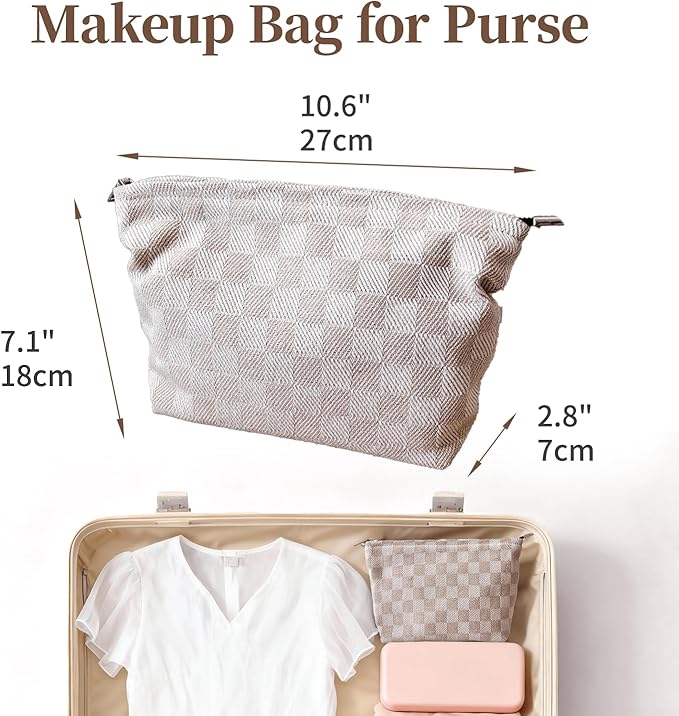 Khaki Checkered Makeup Bag for Women, Canvas Cosmetic Bag with Zipper Lining, Travel Makeup Pouch for Purse, Travel Pouch for Toiletry, Cosmetic, Sunscreen, Hygiene, Skincare, SPF, Medicine, Sunblock