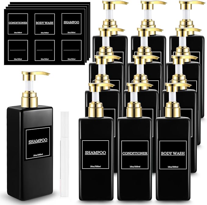 Gejoy 12 Pack Black Shampoo and Conditioner Dispenser Bottles, 17 Oz/ 500ml Refillable Empty Pump Bottles with Labels and Marker Pen, Plastic Square Pump Dispenser Bottle for Bathroom Body Wash Shower