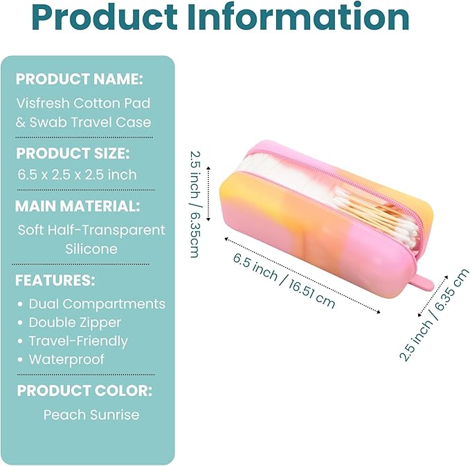 Cotton Pad Swab Travel Case – 2-in-1 Portable Waterproof Qtips Dispenser for Cotton Square Pad & Qtip, Floss, Bobbi Pin, Nail Kit, Hair Accessories Organizer TSA Compliance – VISFRESH (Peach Sunrise)