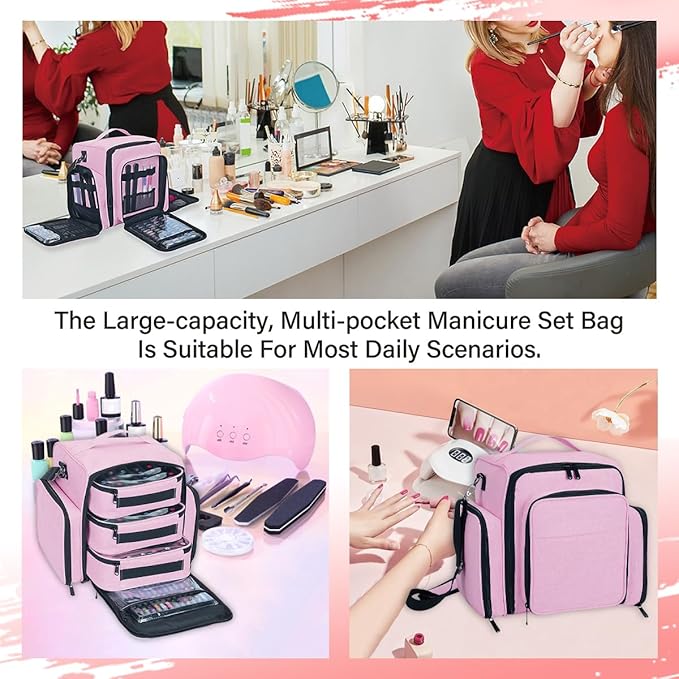 Nail Polish Organizer Storage Box, Holds 90 Bottles of Nail Polish, Portable Travel Case with 3 Separate Storage Bags, Can Be Used for Nail Art Supplies, Manicurists, etc Pink