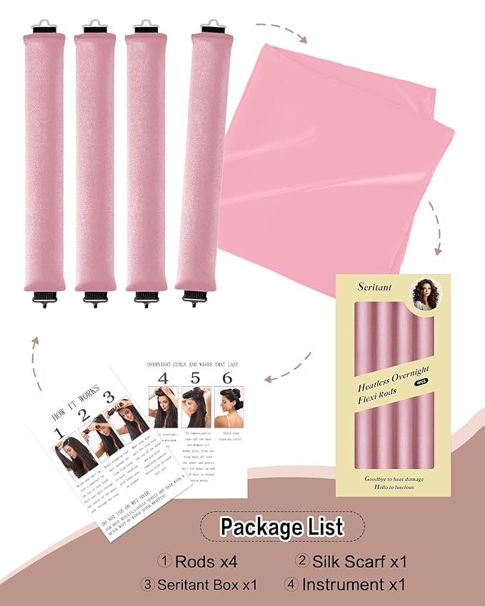 Heatless Curls Overnight with Satin Head Scarf, Velvet Hair Rollers for Blowout Look, No Heat Curling Rod for Long Thick Hair, Soft Sleep In Flexi Rods