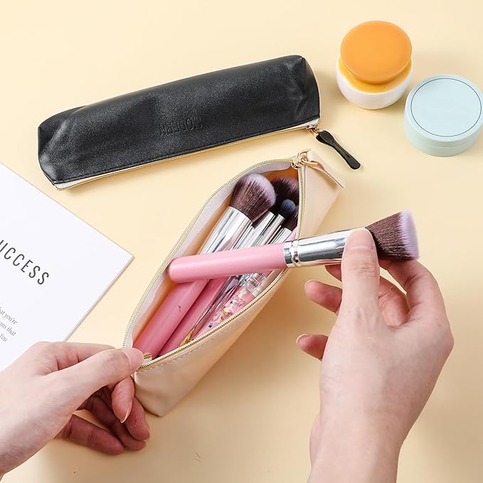 2pcs Mini Cosmetic Bag for Purse, 7.87 x 2.55inch Small Leather Pouch Make Up Bag with Zipper Portable Small Cosmetic Organizer for Women and Girls, Black Beige