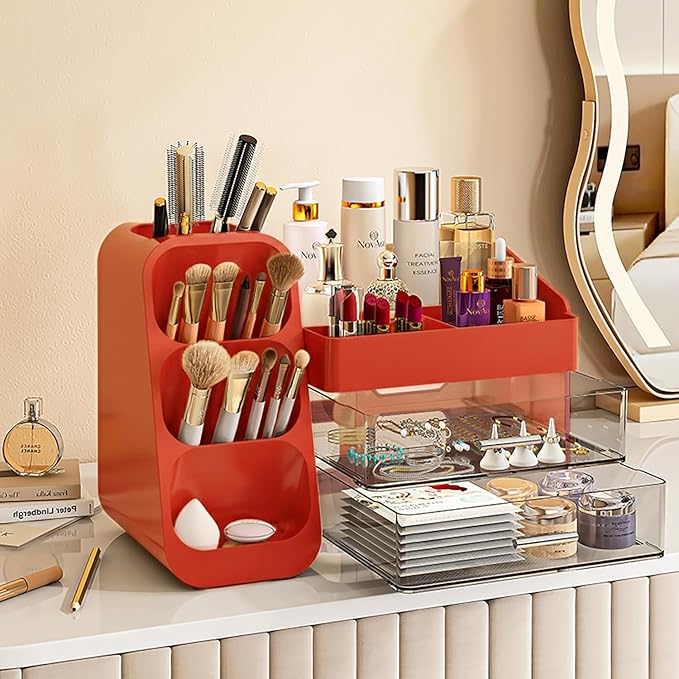 Red Makeup Organizer with Drawers for Vanity, Spacious Cosmetic Display Case, Perfect Storage Solution for Your Beauty Essential