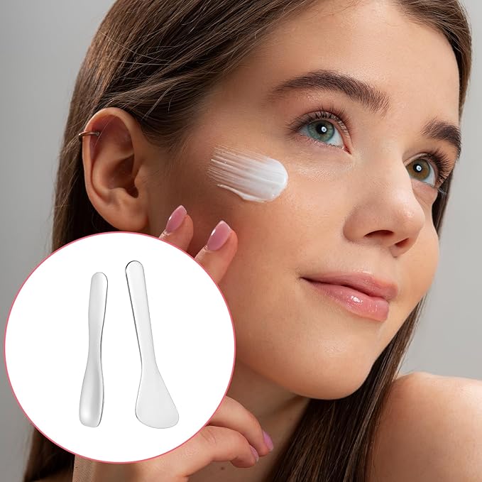 2Pcs Cosmetic Spatula, Mini Metal Makeup Spatula Reusable Cosmetic Cream Spatulas Spoon Skincare Scoop Applicator Multi-functional Facial Applicator Tool for Mixing and Sampling Face Eye Cream, Silver
