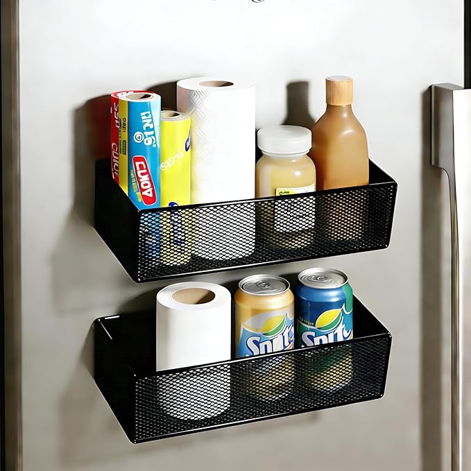 Magnetic Basket Organizer Holder for Fridge，Magnetic Shelf for Washing Machine， Magnetic Mesh Basket, Black Rectangular Steel Shelf Organizer, 10.43 x 4.92 x 3.15 Inches (Black , 1 pack)