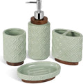 Elegant Bathroom Accessories Set 4 PCS Ceramic and Wood Bathroom Accessory Set Soap Dispenser Toothbrush Holder Tumbler Soap Dish Easy to Clean Quatrefoil Pattern Green