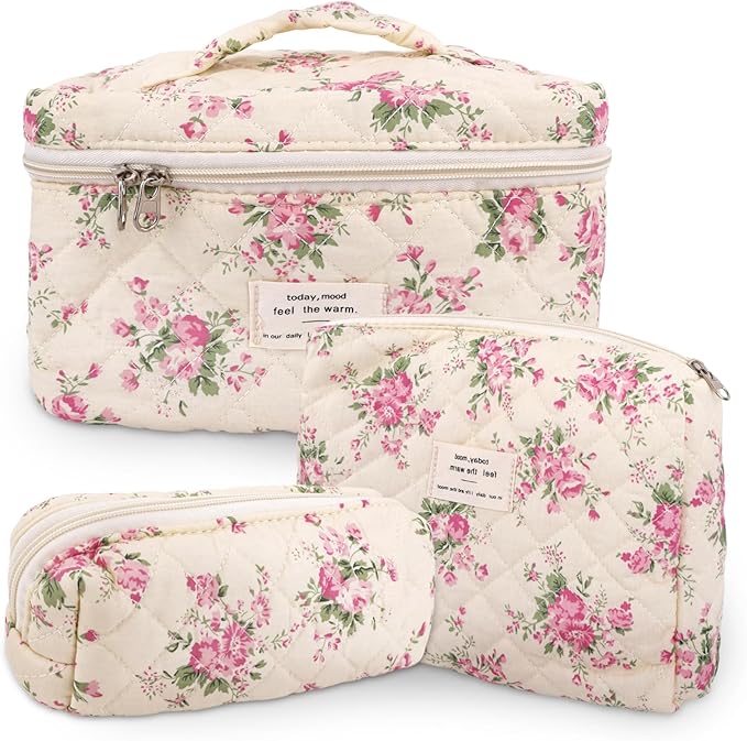3Pcs Cotton Quilted Makeup Bag Large Travel Cosmetic Bag Coquette Makeup Pouch Cute Aesthetic Floral Toiletry Bag for Women Girls (flower-M)