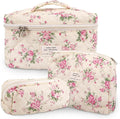 3Pcs Cotton Quilted Makeup Bag Large Travel Cosmetic Bag Coquette Makeup Pouch Cute Aesthetic Floral Toiletry Bag for Women Girls (flower-M)