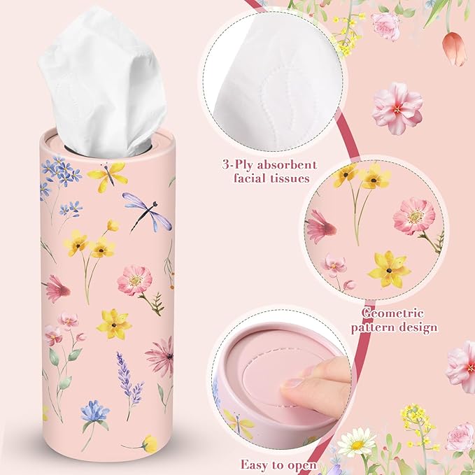 Outus 12 Pcs Floral Car Tissue Holder Cylinders with 3 Ply Facial Tissue Bulk, Portable Paper Dispenser for Cup Holder, Travel Bathroom Table Decor, Tissues Boxes Container for Home Office Party
