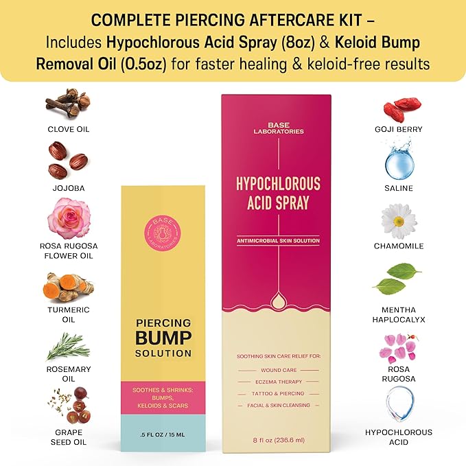 Base Labs Piercing Bump Aftercare Kit - Piercing Bump Solution - Keloid Bump Removal Oil (.5 oz) Plus Hypochlorous Acid Spray for Piercing Aftercare (8oz) - Piercing Bump & Keloid Treatment Duo