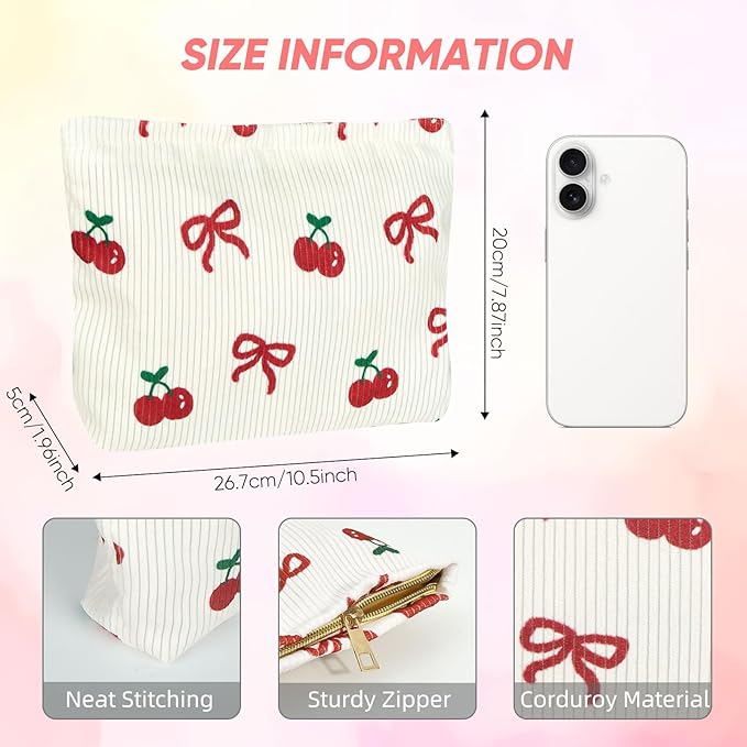Cute Makeup Pouch for Women Bow Cherry Small Make Up Bag for Purse Zipper Initial Cosmetic Bags Pouches for Purse Aesthetic Travel Toiletrybags,Red Cherries Bows