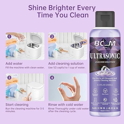 Ultrasonic Jewelry Cleaning Solution, Great for Use in All Ultrasound Machines, Eyeglass and Rings, Effective Solution for Cleaning Gold, Silver, Platinum, Diamonds, and Watch, 8.5 oz/250 ml （Purple）