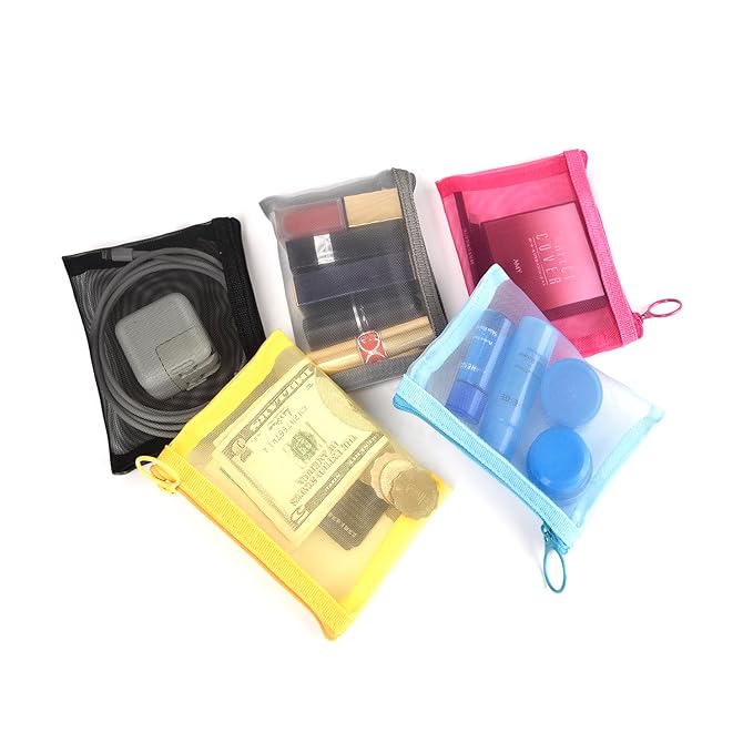 patu Mini Zipper Mesh Bags, 4" x 5", Size S / A7, 5 Pieces, Beauty Makeup Lipstick Cosmetic Accessories Organizer, Small Travel Kit Storage Pouch, Assorted Colors