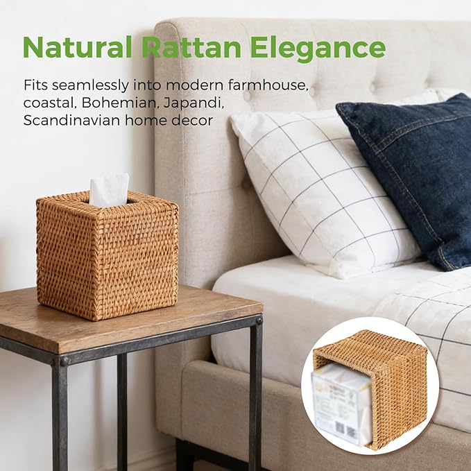 2 Pack Natural Rattan Tissue Box Cover, Hand Woven Square Wicker Holder for Facial Tissues, Wicker Napkin Holder Ideal for Bathroom Living Room, Tissue Holders Decorative for Kitchen Office and Desk