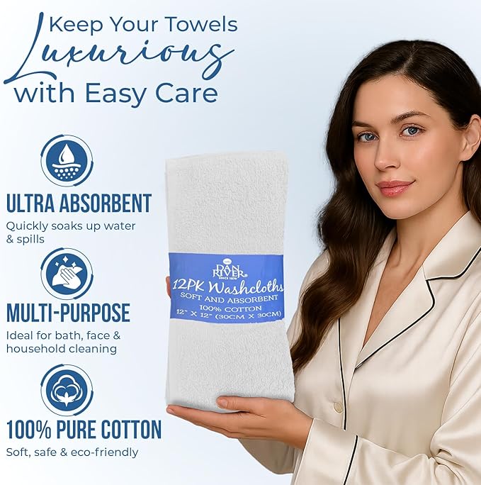 DAN RIVER 12 Pack Wash Cloths for Showering [12x12] - 100% Cotton Washcloths Premium Quality Flannel Face Cloths for Bathroom, Highly Absorbent and Soft Feel Wash Clothes, White