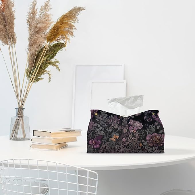 Black Floral Leather Tissue Box Cover Rectangle,Spring Flower Toilet Paper Box Holder,Cottagecore Decorative Facial Paper Case for Farmhouse Living Room Bathroom Kitchen Office,9.8x5.9x5.9