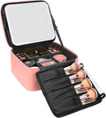 Relavel Travel Makeup Bag With LED Mirror Portable Travel Makeup Organizer 3 Color Adjustable Brightness Waterproof Cosmetic Train Case with Removable Dividers Makeup Storage for Women, Pink