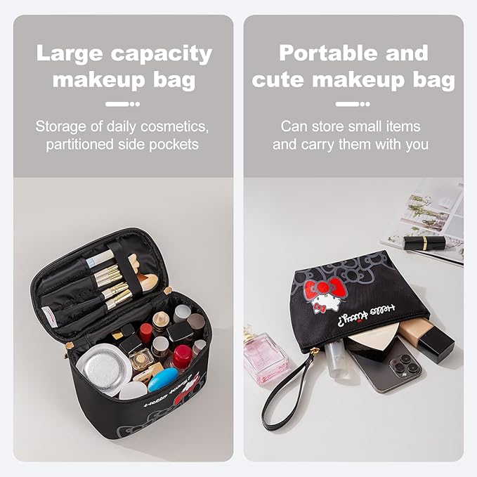 Vimanllie Travel Makeup Bag Large Cosmetic Bags with Brush Holder,Black Waterproof 2PCS Portable Cosmetic Case for Women,Toiletry Bag for Skincare&Beauty Tools for Her