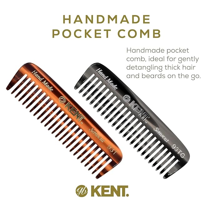 Kent 93T-93T G Wide Tooth Small Comb for Men's Mustache and Beard Grooming, Pocket Sized Detangler Travel Comb, Saw-Cut and Polished, Handmade in England