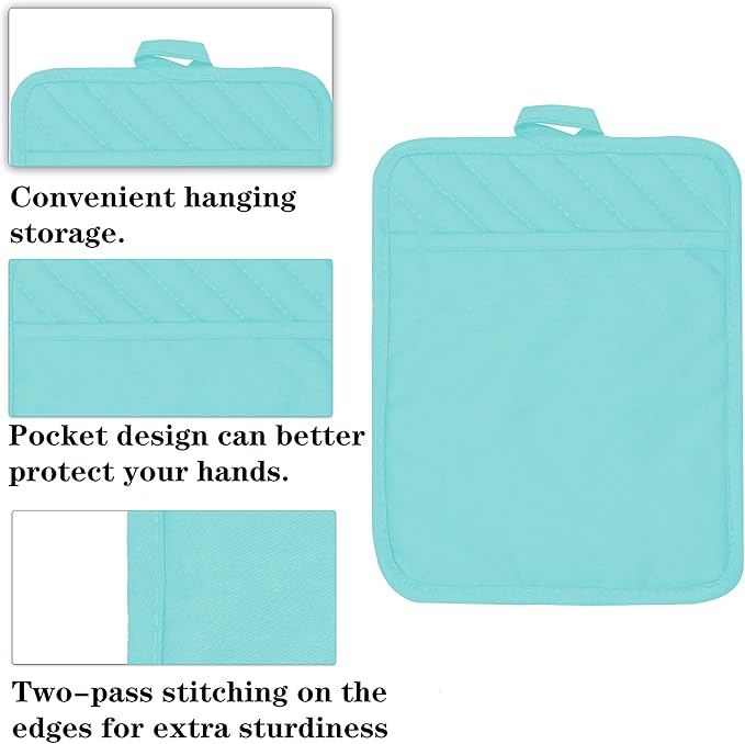 Oven Pot Holder with Pocket Cotton Heat Resistant Coaster Potholder Kitchen Hot Pad Oven Mitts for Cooking Square 7"x9"Set of 5 (Aqua)