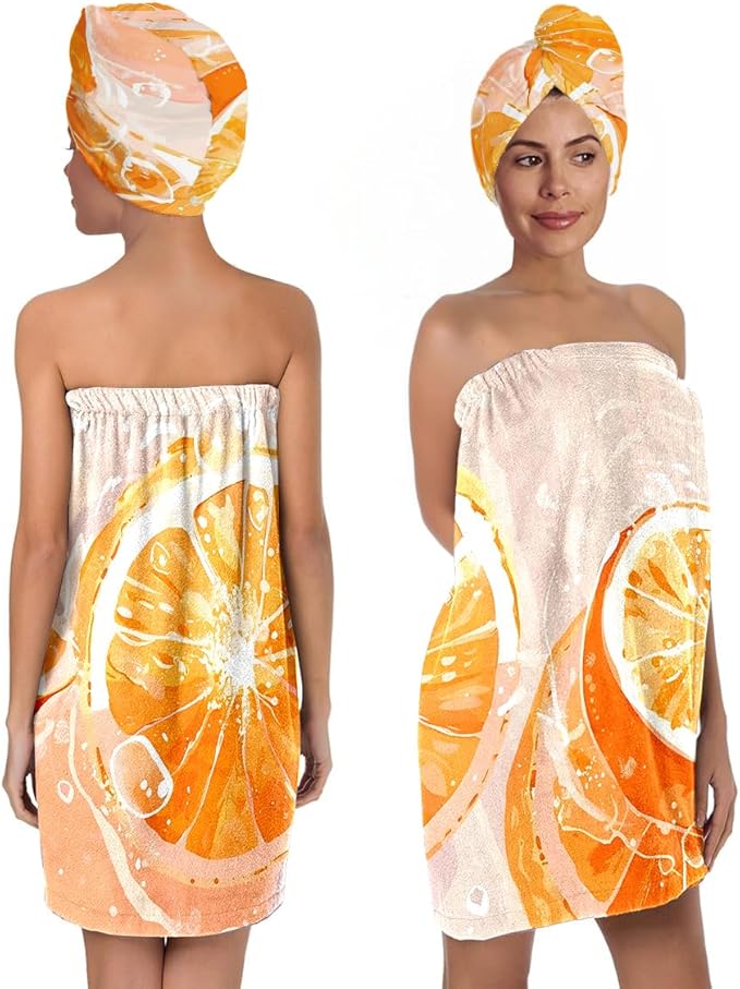 Orange Citrus Bath Wrap and Hair Towel for Women, Quick-Dry Microfiber Towel Skirt with Elastic Band & Matching Hair Turban, Soft Absorbent Spa Shower Wrap for Home Travel Gym (Citrus 3)