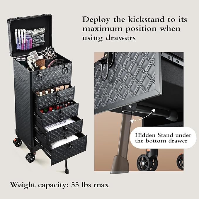 Nail Salon Cart with 4 Drawers,Rolling Makeup Train Case for Beauty,Cosmetology Case on Wheels,Trolley Cart,Lockable Organizer Travel Case for Manicure/Face Painting/Hairstylist/Tattoo Artist
