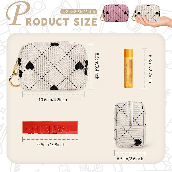 Mini Makeup Bag, Corduroy Small Cosmetic Bag for Purse with Ring Buckle, Travel Makeup Pouch for Lipsticks, Chapsticks, Coin, Earphone, Credit Card (Hearts-Pink)