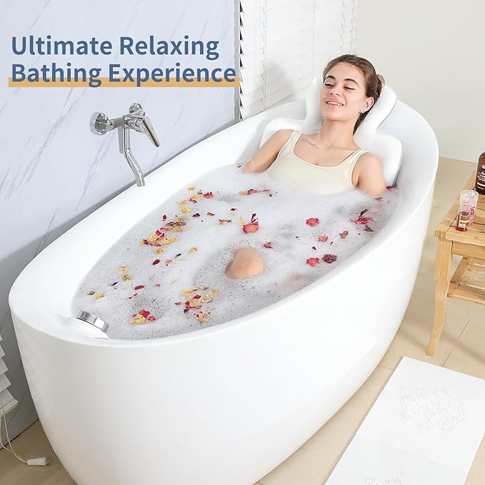 Luxury Bath Cushion, Full Body Bathtub Pillow with 160 Suction Cups, Bath Mat for Head and Neck Support, with Laundry Bag (White, 56" x 16")