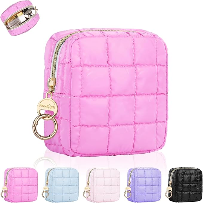 4.9" Puffy Small Makeup Bag, Cute Quilted Cosmetic Bag for Purse, Mini Travel Toiletry Organize Pouches for Women, Birthday/Wedding/Christmas Gifts (Rose Red)