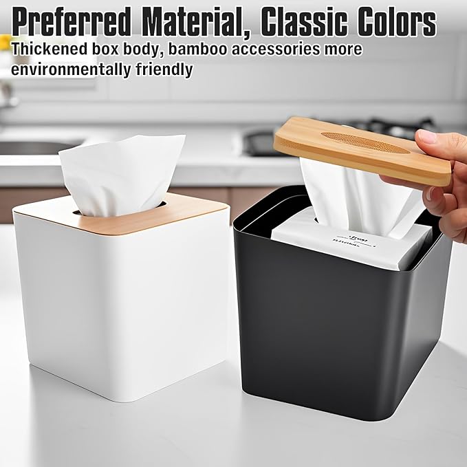 RETON 2 Pack Tissue Box Cover, Square Plastic Tissue Holder with Bamboo Cover Plate, Cube Black White Paper Organizers for Living Room, Office, Home Decor, Night Stand