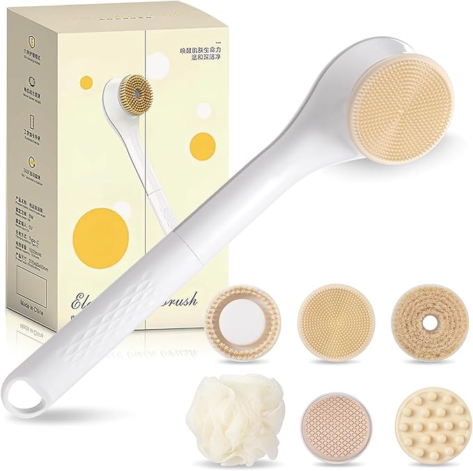 LINGSFIRE Electric Body Brush Rechargeable Back Scrubber for Shower Exfoliating Bath Brush Long Handle for Shower Lotion Applicator for Back Silicone Body Scrubber with 6 Shower Brush Heads