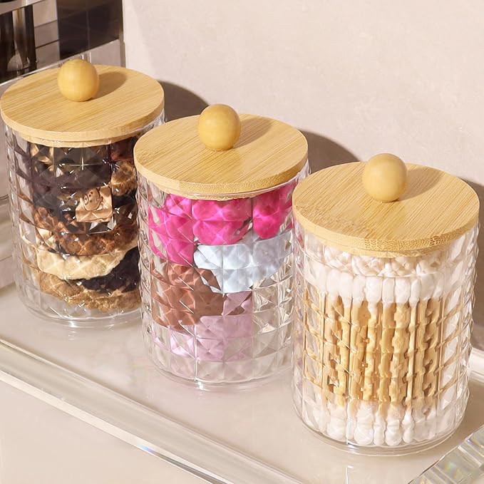 2 Pack Qtip Holder Bathroom Storage Canister for Cotton Ball Cotton Swab Pads Floss, Small Plastic Jars with Lids (Clear & Bamboo Lid, 2 Pack)