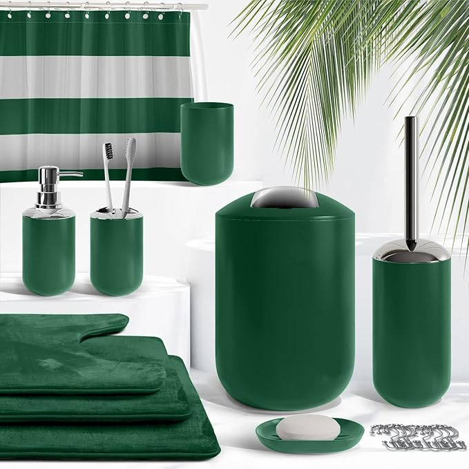 Clara Clark Bathroom Set - Green Bathroom Accessories Set, Bathroom Sets with Shower Curtain and Rugs, 23PC Shower Curtain Set with Liner, Soap Dispenser, Soap Dish, Toilet Brush Holder, and Trash Can