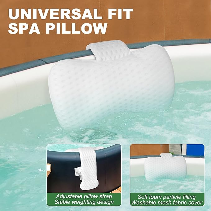 Hot Tub Pillow for Outdoor（2-Pack）, Universal Spa Headrest Pillow for Bathtub, Lounge Chair Pillow, Universal Head and Neck Support Bath Pillow with Adjustable Strap