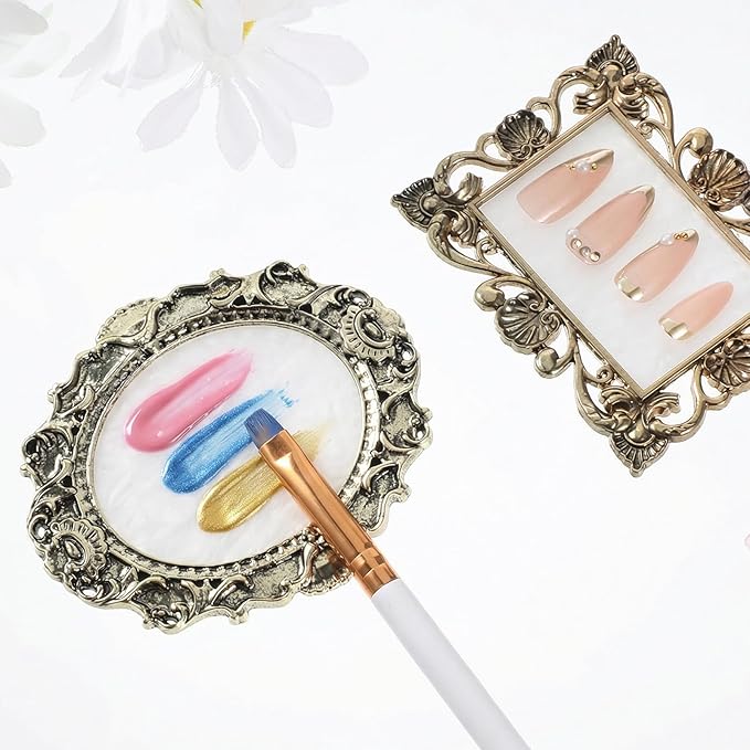 Nail Art Palette with Golden Edge, 2 PCS Nail Polish Palette with Retro Border Cosmetic Mixing Tools, Nails Holder Display Board Nail-Pallet for Nail-Art DIY Nails Gel Makeup Color Mixing