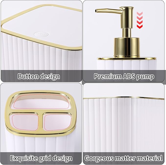 Bathroom Accessories Set - Gorgeous Bathroom Set, 10PC White Bathroom Accessory Set, Toilet Brush, Trash Can, Qtip Holder Dispenser & Soap Dispenser